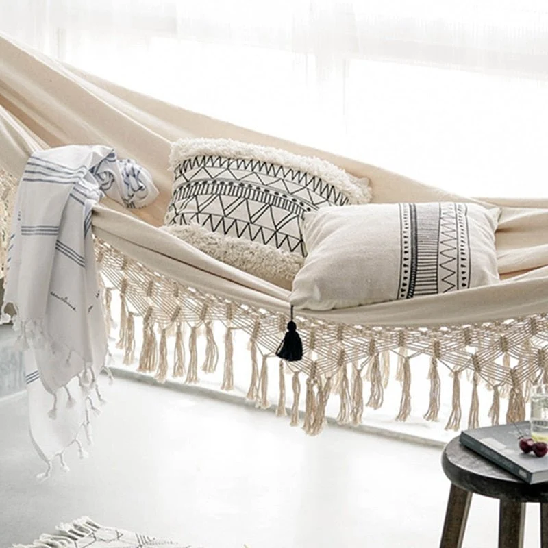 Handgeweven Hangmat Katoenen Touw Boho-Stijl Tweepersoons Draagbaar 200x150cm | Sansoti