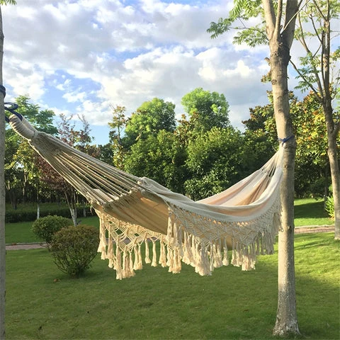 Handgeweven Hangmat Katoenen Touw Boho-Stijl Tweepersoons Draagbaar 200x150cm | Sansoti