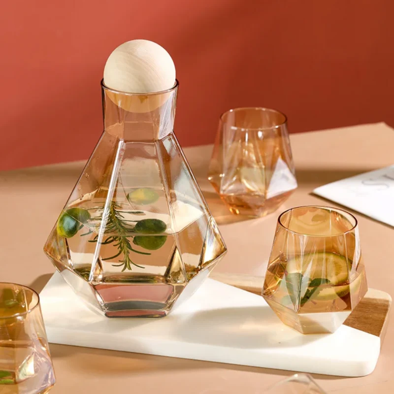 Glazen Karafset 5-delig met Diamantreliëf Transparant Glas Beukenhout Dop voor Serveren van Water Sap Wijn | Sansoti