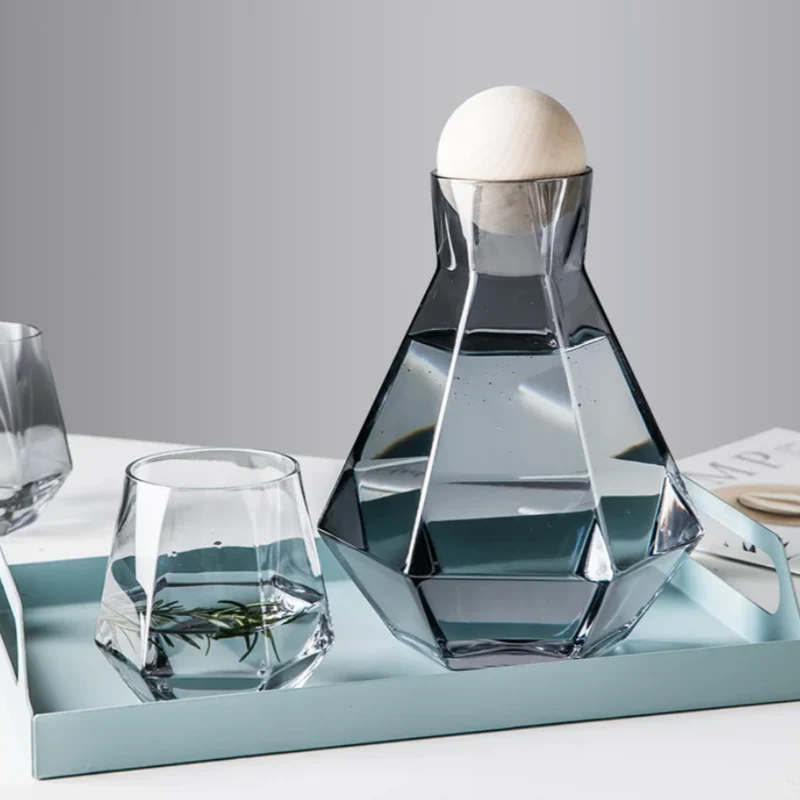 Glazen Karafset 5-delig met Diamantreliëf Transparant Glas Beukenhout Dop voor Serveren van Water Sap Wijn | Sansoti
