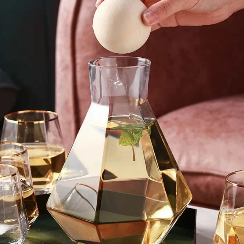 Glazen Karafset 5-delig met Diamantreliëf Transparant Glas Beukenhout Dop voor Serveren van Water Sap Wijn | Sansoti