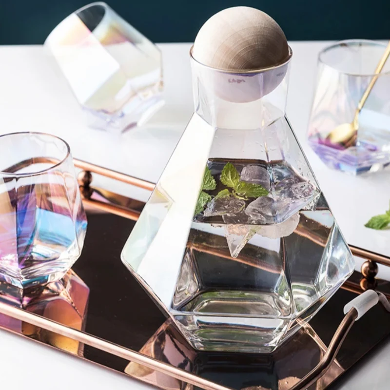 Glazen Karafset 5-delig met Diamantreliëf Transparant Glas Beukenhout Dop voor Serveren van Water Sap Wijn | Sansoti