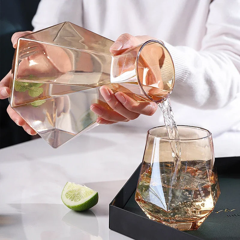 Glazen Karafset 5-delig met Diamantreliëf Transparant Glas Beukenhout Dop voor Serveren van Water Sap Wijn | Sansoti