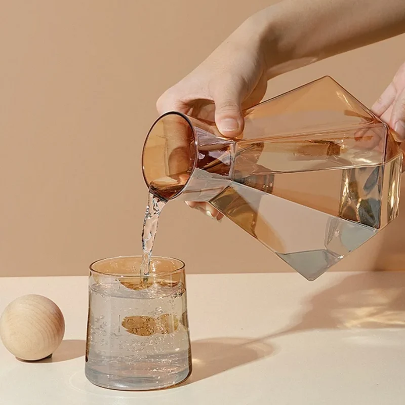 Glazen Karafset 5-delig met Diamantreliëf Transparant Glas Beukenhout Dop voor Serveren van Water Sap Wijn | Sansoti