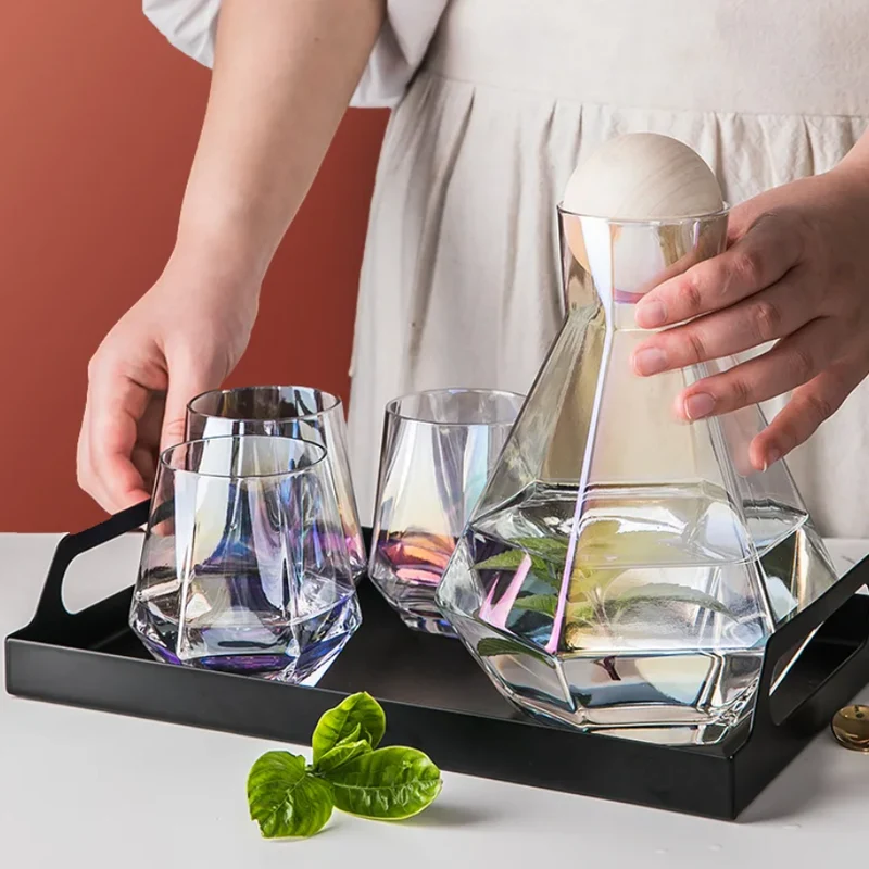 Glazen Karafset 5-delig met Diamantreliëf Transparant Glas Beukenhout Dop voor Serveren van Water Sap Wijn | Sansoti