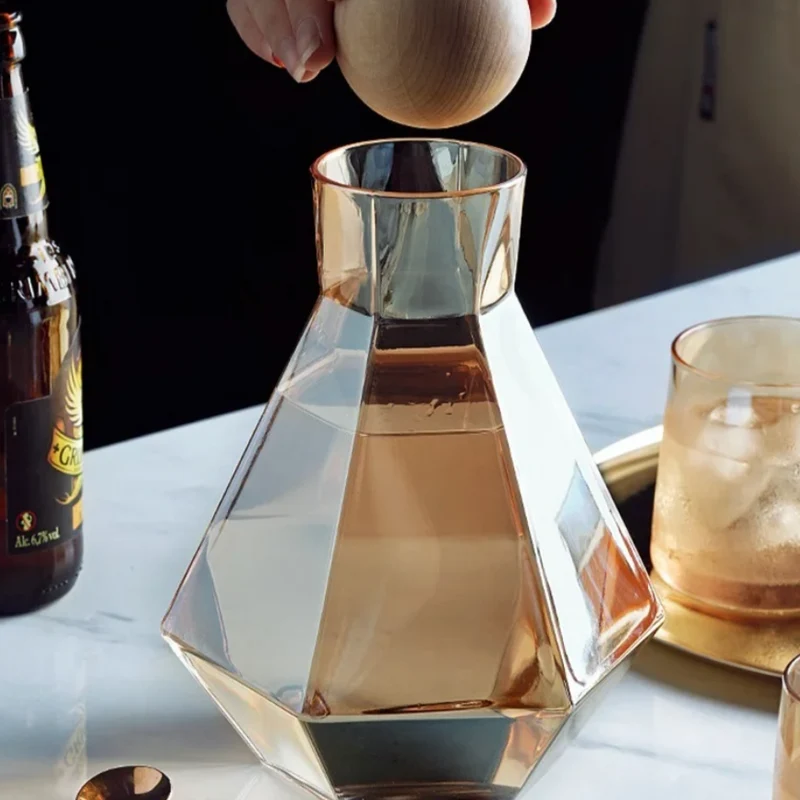 Glazen Karafset 5-delig met Diamantreliëf Transparant Glas Beukenhout Dop voor Serveren van Water Sap Wijn | Sansoti