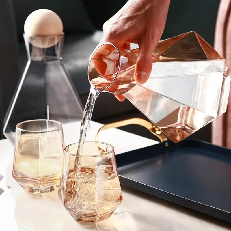 Glazen Karafset 5-delig met Diamantreliëf Transparant Glas Beukenhout Dop voor Serveren van Water Sap Wijn | Sansoti