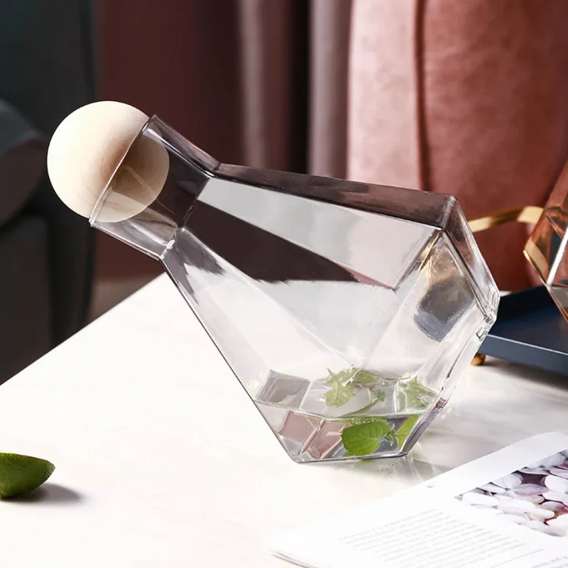 Glazen Karafset 5-delig met Diamantreliëf Transparant Glas Beukenhout Dop voor Serveren van Water Sap Wijn | Sansoti