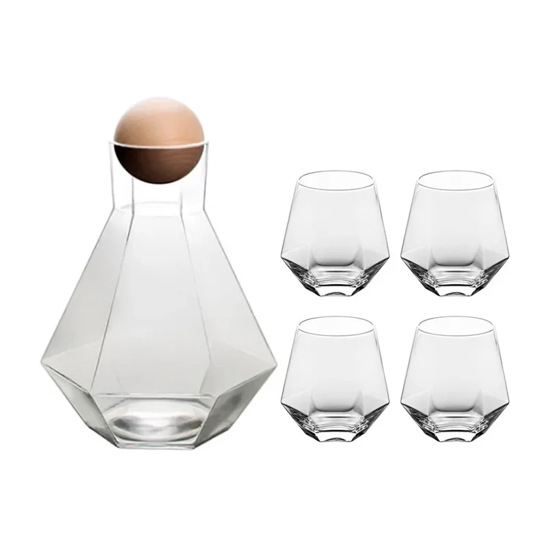 Glazen Karafset 5-delig met Diamantreliëf Transparant Glas Beukenhout Dop voor Serveren van Water Sap Wijn | Sansoti