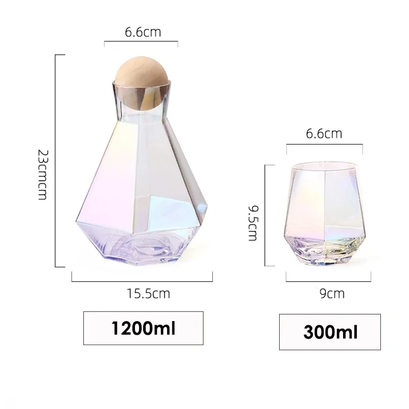 Glazen Karafset 5-delig met Diamantreliëf Transparant Glas Beukenhout Dop voor Serveren van Water Sap Wijn | Sansoti