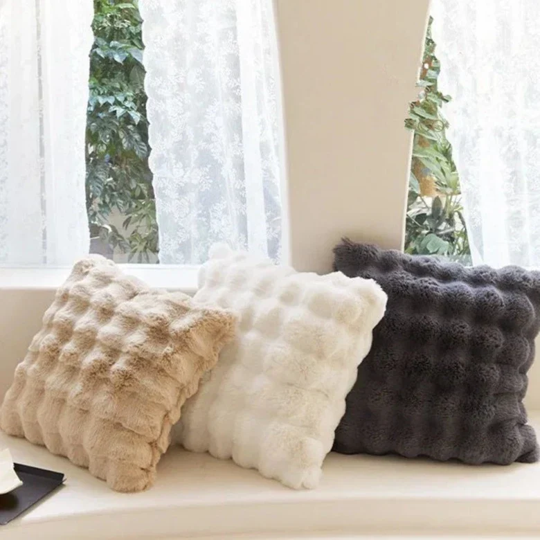 Zachte Pluche Kussenhoes 45x45cm Konijnenbont-Look Wit Beige Grijs | Woonkamer Slaapkamer Decoratief Sierkussen | Scandinavisch | Sansoti