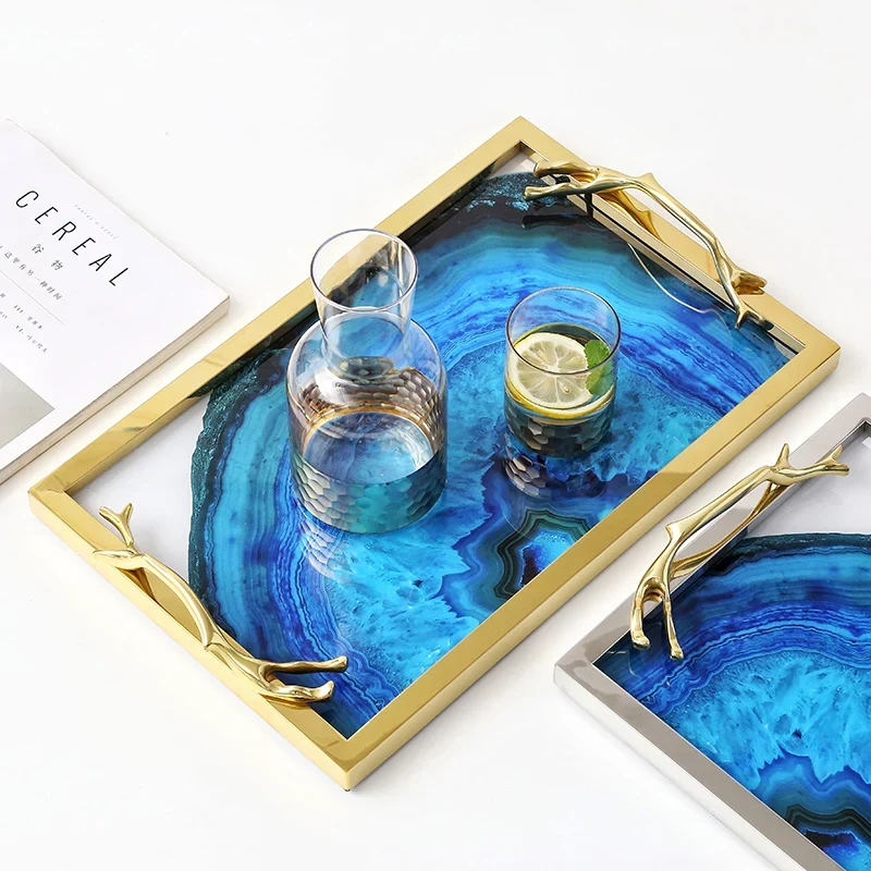 Decoratief Dienblad met Blauwe Agaatprint – Rechthoekig en Rond Glas met RVS Frame – Stijlvolle Serveerplank voor Drankjes en Hapjes | Sansoti