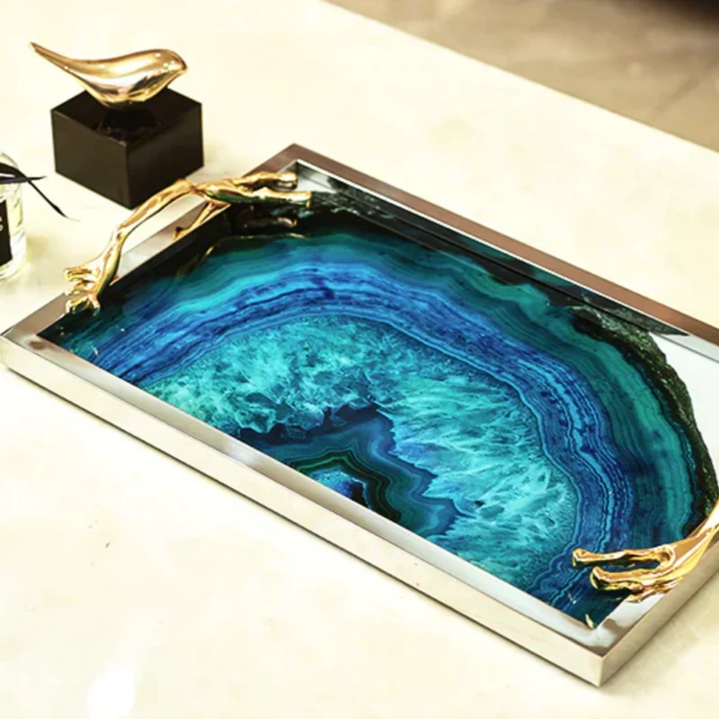 Decoratief Dienblad met Blauwe Agaatprint – Rechthoekig en Rond Glas met RVS Frame – Stijlvolle Serveerplank voor Drankjes en Hapjes | Sansoti