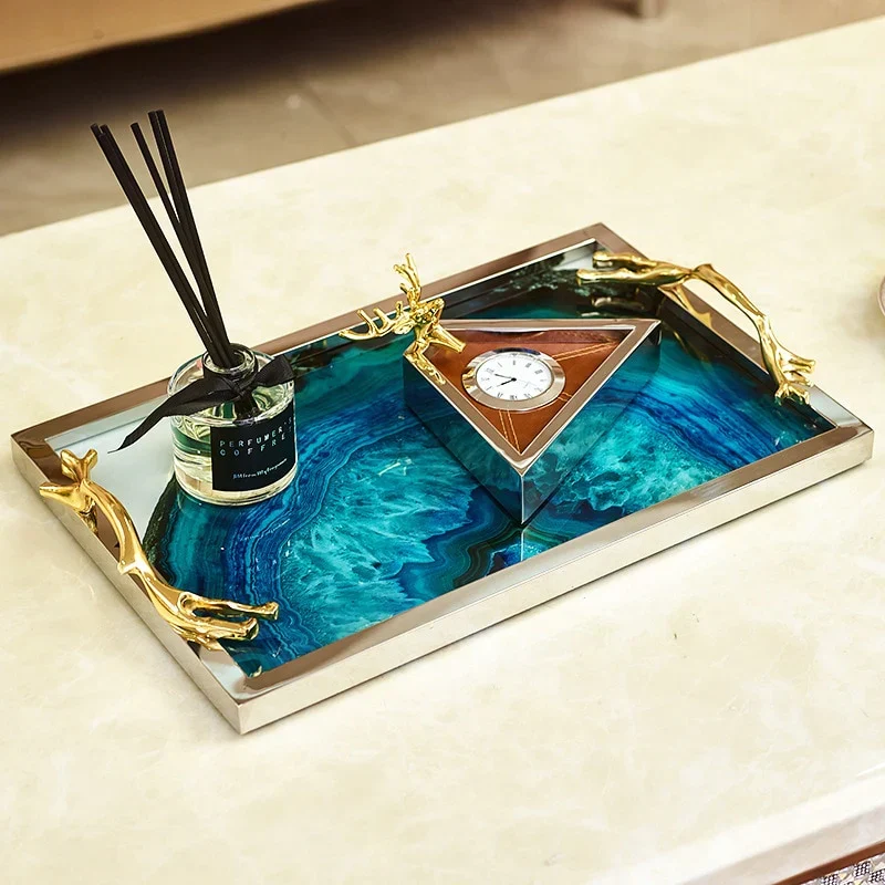 Decoratief Dienblad met Blauwe Agaatprint – Rechthoekig en Rond Glas met RVS Frame – Stijlvolle Serveerplank voor Drankjes en Hapjes | Sansoti