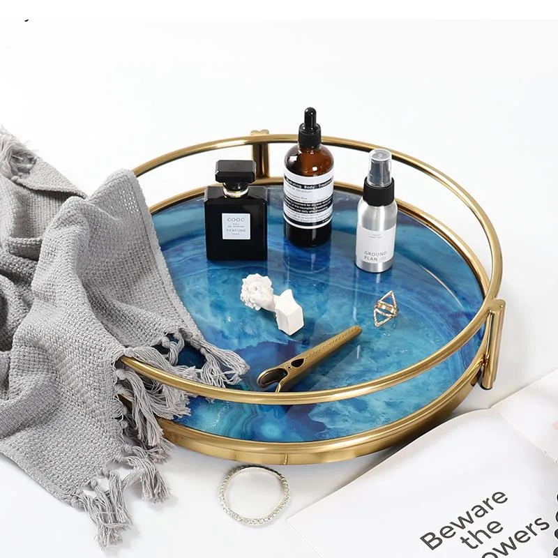 Decoratief Dienblad met Blauwe Agaatprint – Rechthoekig en Rond Glas met RVS Frame – Stijlvolle Serveerplank voor Drankjes en Hapjes | Sansoti