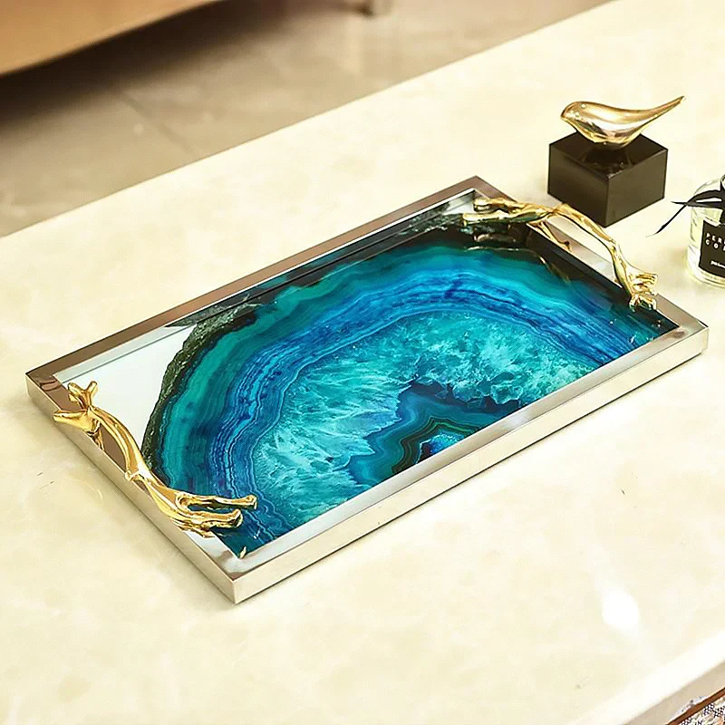 Decoratief Dienblad met Blauwe Agaatprint – Rechthoekig en Rond Glas met RVS Frame – Stijlvolle Serveerplank voor Drankjes en Hapjes | Sansoti