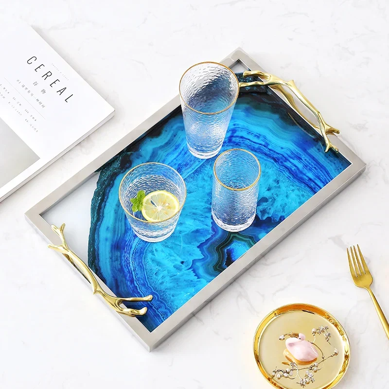 Decoratief Dienblad met Blauwe Agaatprint – Rechthoekig en Rond Glas met RVS Frame – Stijlvolle Serveerplank voor Drankjes en Hapjes | Sansoti