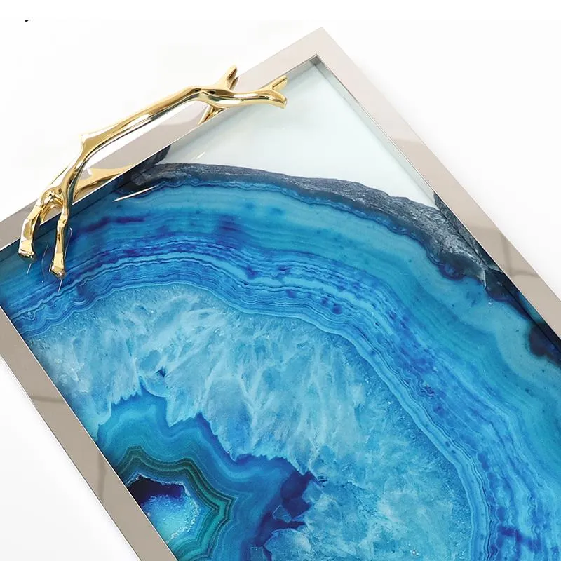 Decoratief Dienblad met Blauwe Agaatprint – Rechthoekig en Rond Glas met RVS Frame – Stijlvolle Serveerplank voor Drankjes en Hapjes | Sansoti