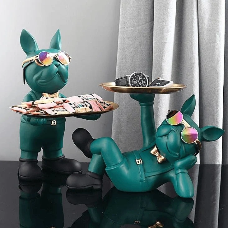 Franse Bulldog Butler Decoratief Beeld Staand Zwart Groen Hars Woonkamer Decoratieve Hondenfiguur Interieur | Sansoti