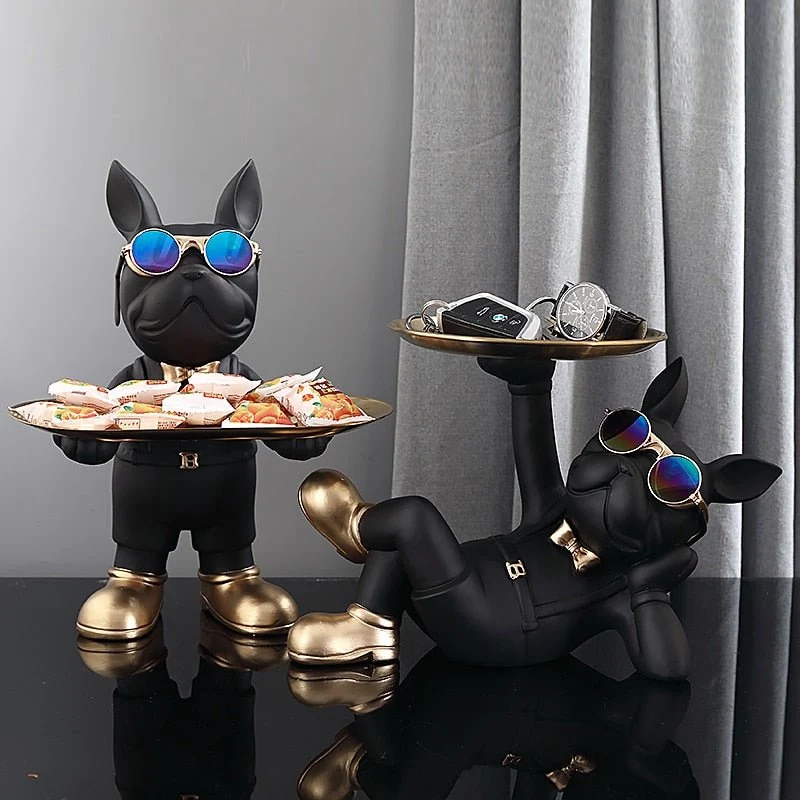 Franse Bulldog Butler Decoratief Beeld Staand Zwart Groen Hars Woonkamer Decoratieve Hondenfiguur Interieur | Sansoti