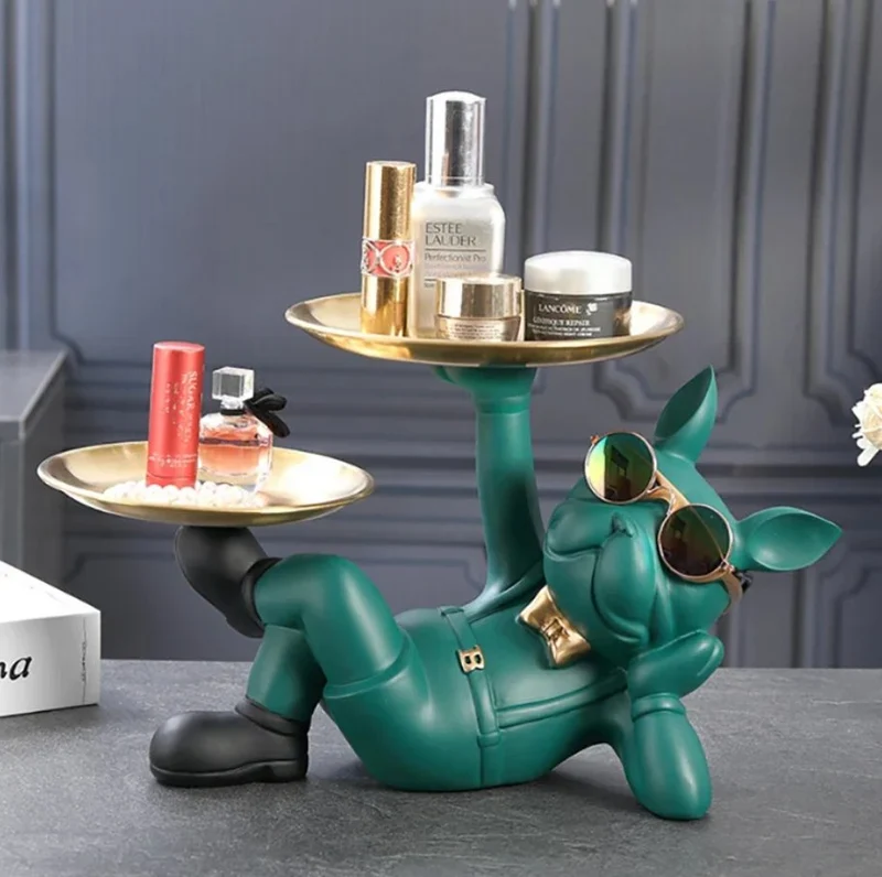 Franse Bulldog Butler Decoratief Beeld Staand Zwart Groen Hars Woonkamer Decoratieve Hondenfiguur Interieur | Sansoti