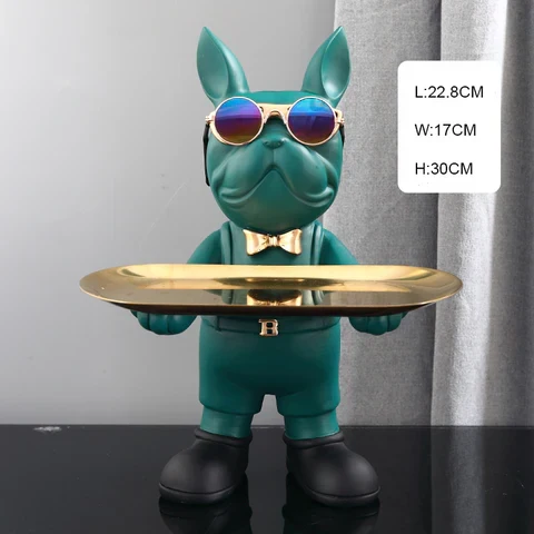 Franse Bulldog Butler Decoratief Beeld Staand Zwart Groen Hars Woonkamer Decoratieve Hondenfiguur Interieur | Sansoti