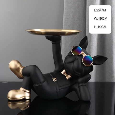 Franse Bulldog Butler Decoratief Beeld Staand Zwart Groen Hars Woonkamer Decoratieve Hondenfiguur Interieur | Sansoti