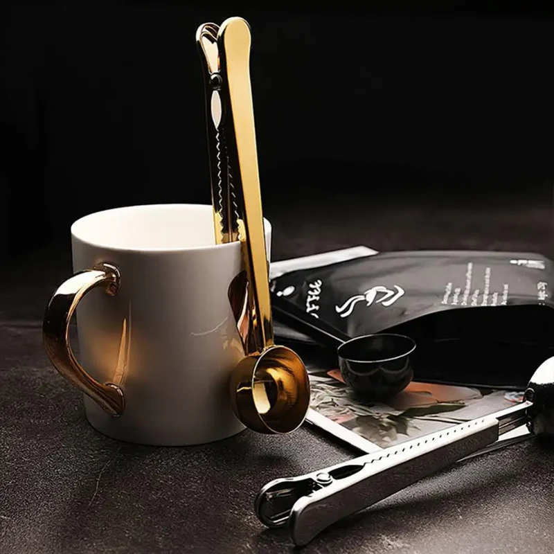 Koffielepel met Clipfunctie – RVS Maatlepel & Zaksluitclip voor Koffie en Thee | Sansoti