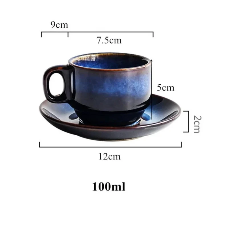 Keramische Mok & Schotel Set Diepblauw Bone China met Antieke Details | Sansoti