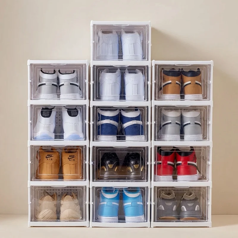 Opvouwbaar Schoenenrek 3 Lagen Wit Kunststof met Transparante Deur Platbesparend Stapelbaar Organizer Kastje 25,5×34,5×52,5cm Modulair Opbergsysteem | Sansoti