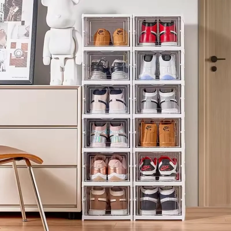 Opvouwbaar Schoenenrek 3 Lagen Wit Kunststof met Transparante Deur Platbesparend Stapelbaar Organizer Kastje 25,5×34,5×52,5cm Modulair Opbergsysteem | Sansoti