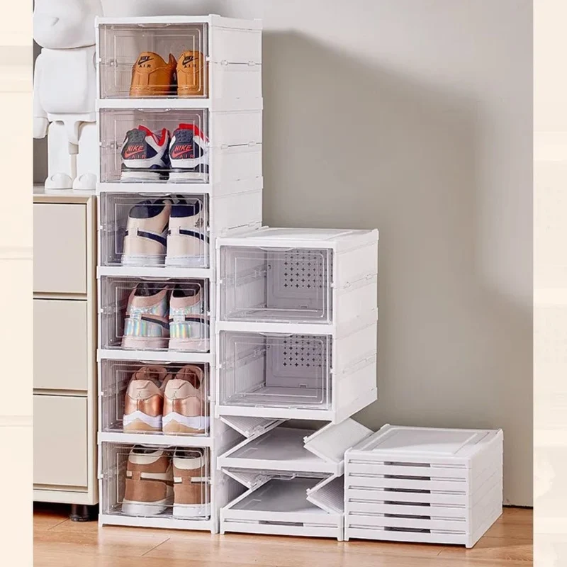 Opvouwbaar Schoenenrek 3 Lagen Wit Kunststof met Transparante Deur Platbesparend Stapelbaar Organizer Kastje 25,5×34,5×52,5cm Modulair Opbergsysteem | Sansoti