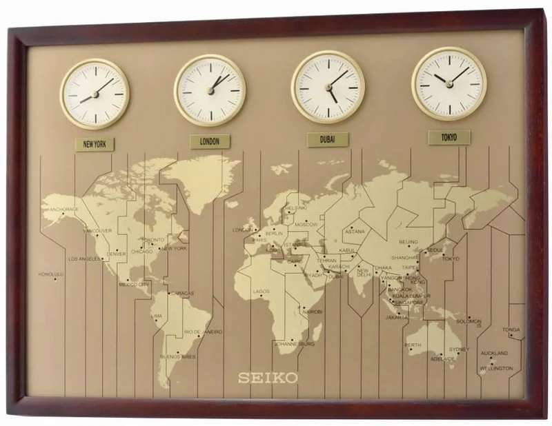 Seiko Wanduhr 33 cm Ø Holz • Weltzeitfunktion • Geräuschloses Quarzwerk
