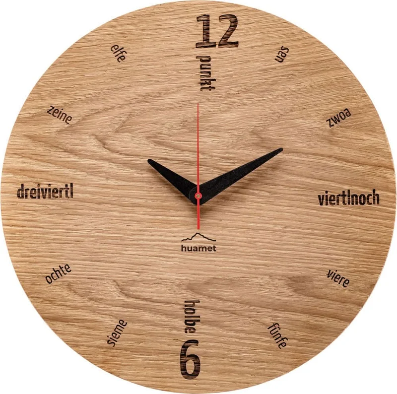 huamet Wanduhr 30 cm Ø Eichenholz • Geräuschloses Uhrwerk • schleichende Sekunde
