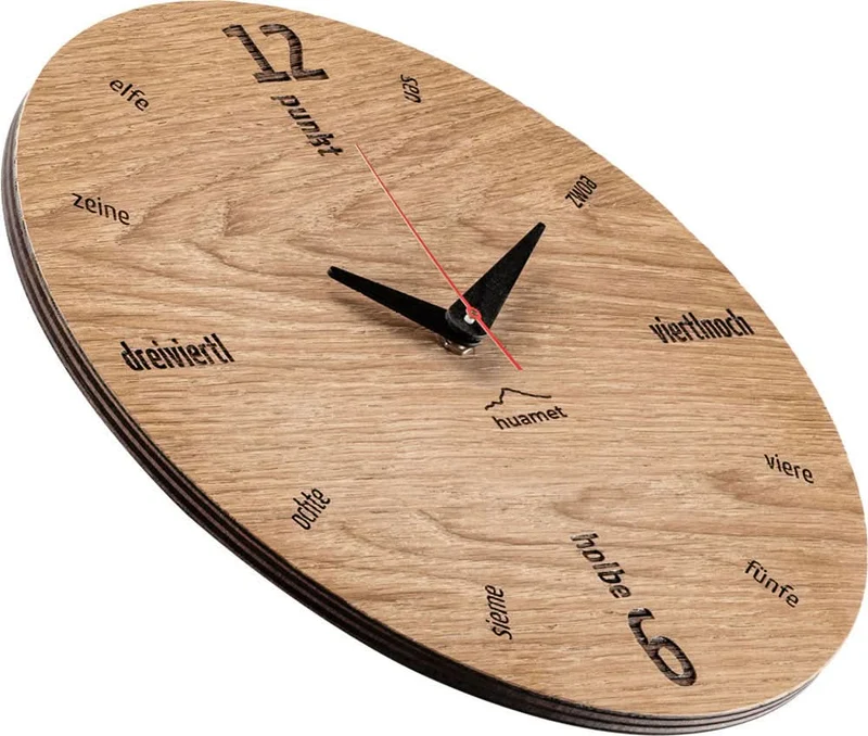 huamet Wanduhr 30 cm Ø Eichenholz • Geräuschloses Uhrwerk • schleichende Sekunde