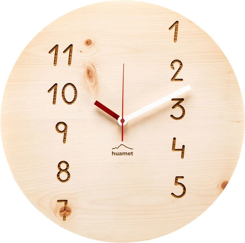 huamet Wanduhr 30x30x3,7 cm Holz • Echtes Zirbenholz • Geräuschloses Quarzwerk