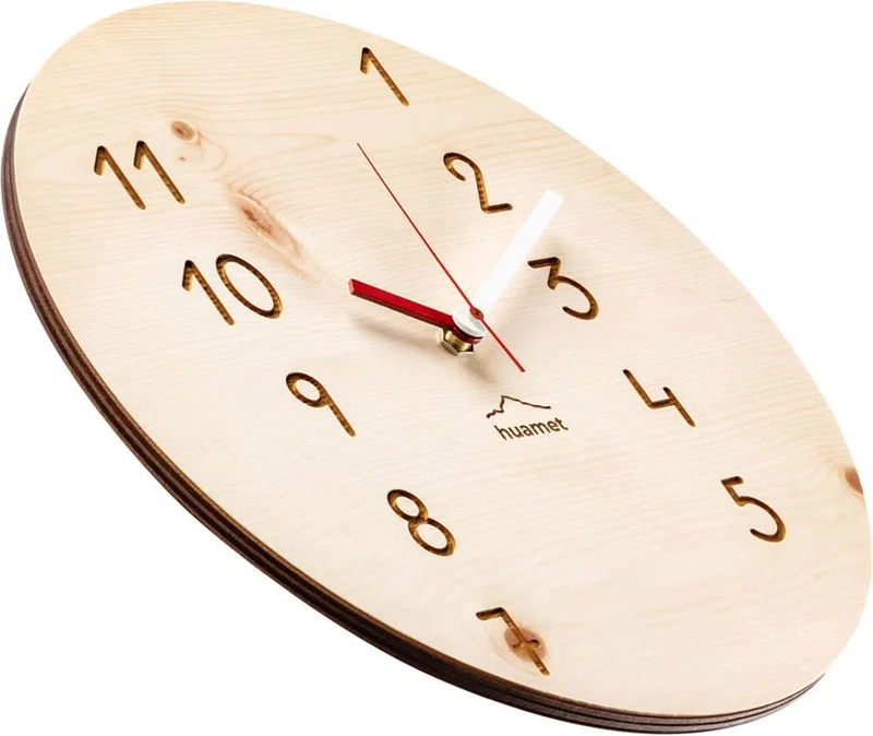 huamet Wanduhr 30x30x3,7 cm Holz • Echtes Zirbenholz • Geräuschloses Quarzwerk