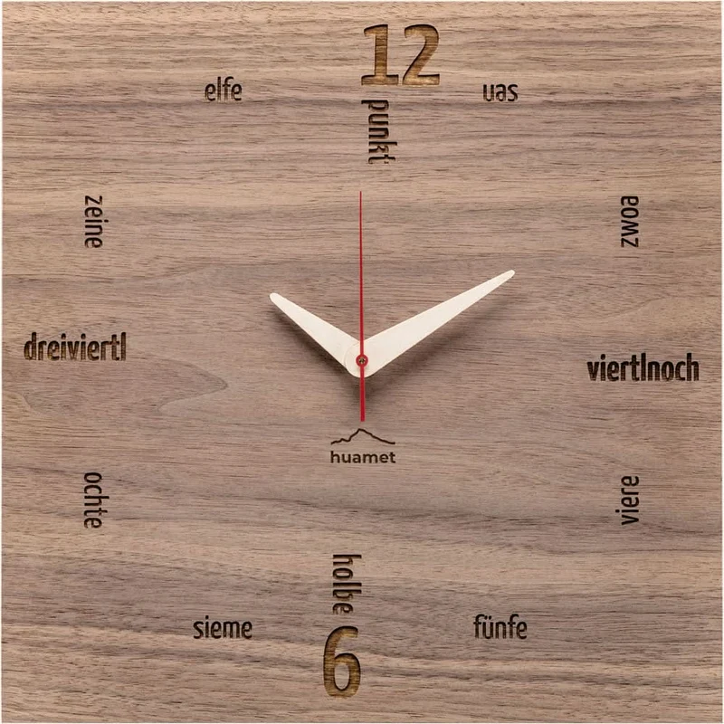 huamet Wanduhr 30x30x3,7 cm Holz • Echtholz Nussbaum • Präzises Quarzwerk