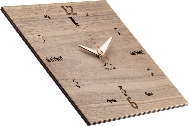 huamet Wanduhr 30x30x3,7 cm Holz • Echtholz Nussbaum • Präzises Quarzwerk