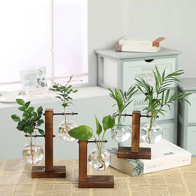 Glazen Vaas op Houten Standaard Decoratief Retro Hydroponics Plantenpot Transparant Glas Sfeeraccent voor Bloemen en Stekjes | Sansoti
