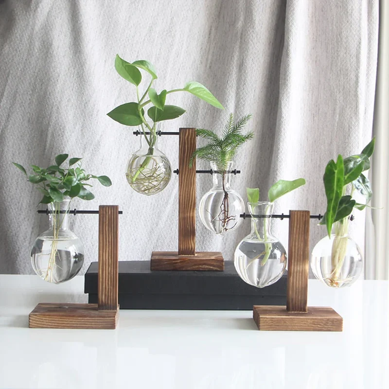 Glazen Vaas op Houten Standaard Decoratief Retro Hydroponics Plantenpot Transparant Glas Sfeeraccent voor Bloemen en Stekjes | Sansoti