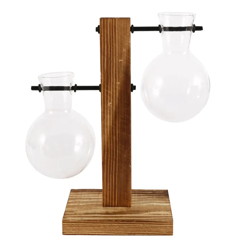 Glazen Vaas op Houten Standaard Decoratief Retro Hydroponics Plantenpot Transparant Glas Sfeeraccent voor Bloemen en Stekjes | Sansoti