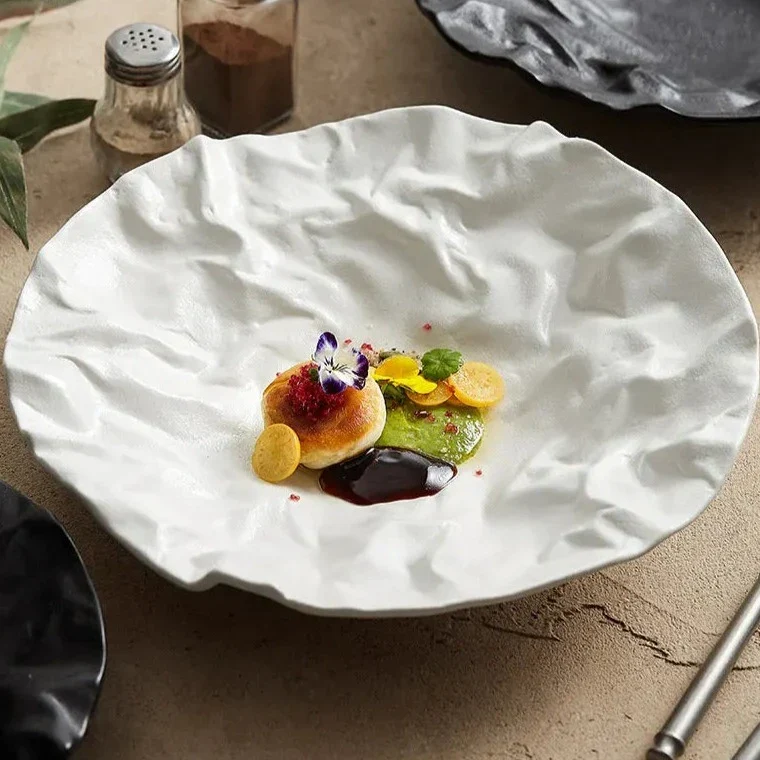 Keramische Schaal met Getijdenrimpel Effect Wit Zwart Coastal Servies 23cm 28cm | Sansoti