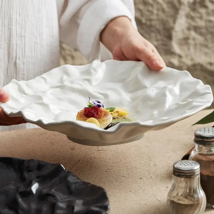 Keramische Schaal met Getijdenrimpel Effect Wit Zwart Coastal Servies 23cm 28cm | Sansoti