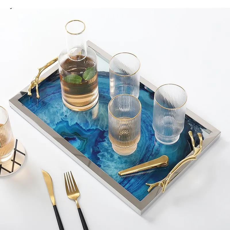 Decoratief Dienblad met Blauwe Agaatpatroon – Elegant Serveerblad met Glazen Inleg en Edelstalen Rand – Uniek Natuursteen Design voor Tafel en Interieur | Sansoti